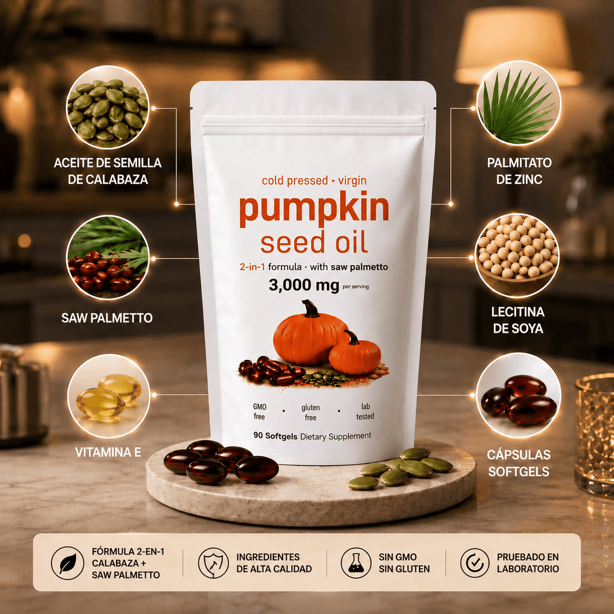 Pumpkin Seed Oil® 3000mg - Apoya Tu Salud Prostática y fortalece tu cabello desde hoy