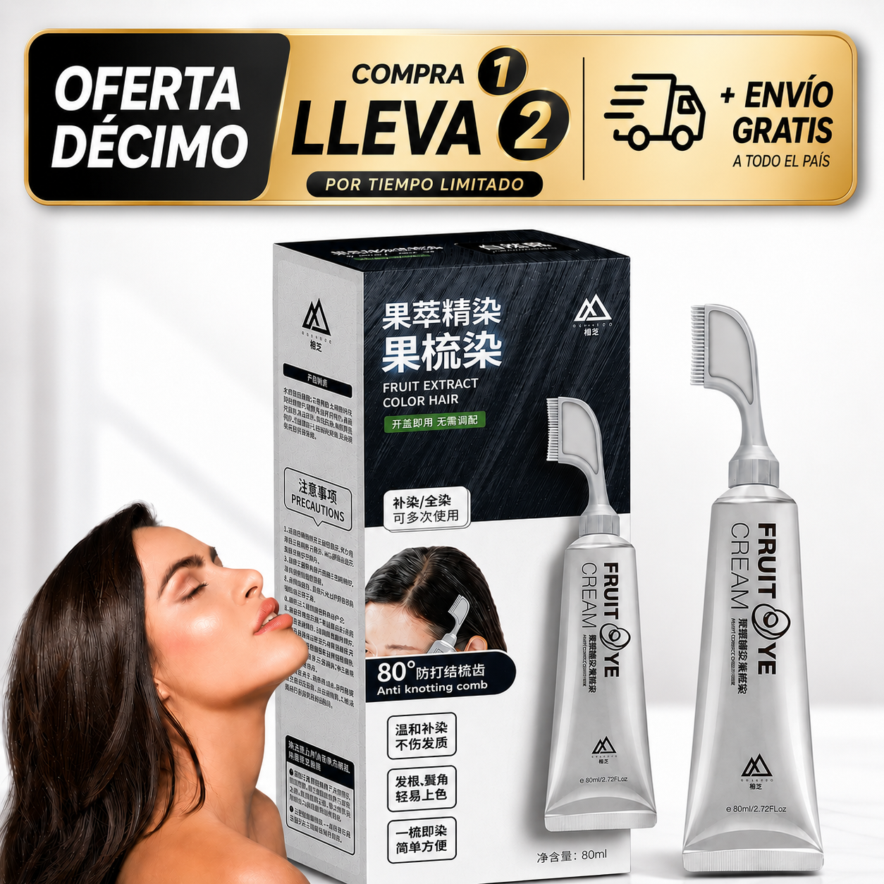 2x1 FruitDye® - Crema de Tinte Natural para el Cabello con Peine Aplicador